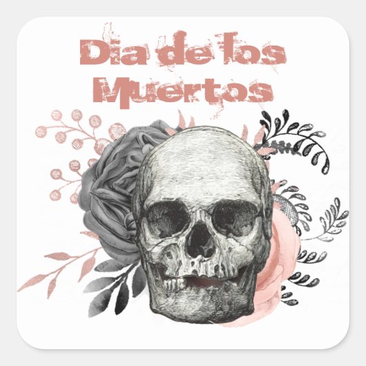 Dia de los Muertos Gray Pink Rose Skull Quadratischer Aufkleber (Vorderseite)
