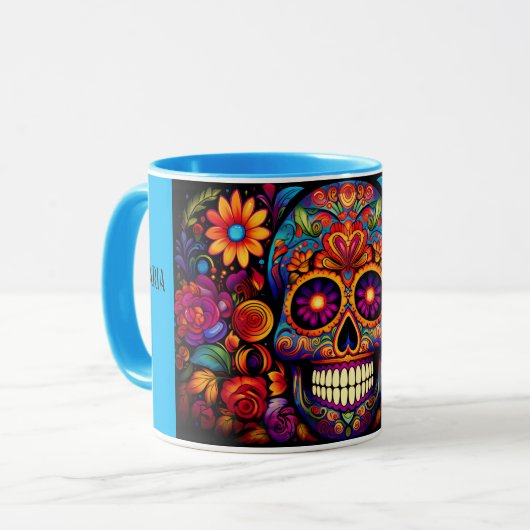 Dia de los Muertos Name Skull Sky Blue Innen Tasse (Vorderseite Links)