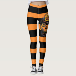 Dia de Los Muertos Orange Black and Sugar Skull Leggings