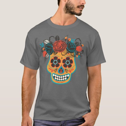 Dia de los Muertos Orange Sugar Skull T-Shirt (Vorderseite)