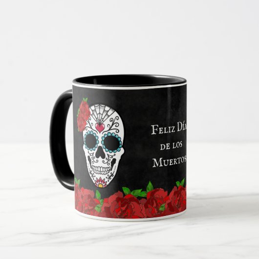 Dia De Los Muertos Red Turquoise Sugar Skull Tasse (Vorderseite Links)