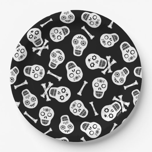 Dia de los Muertos Schwarz und Weiß Paper Skulls Pappteller (Vorderseite)