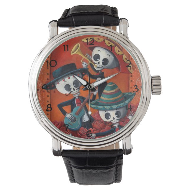 Dia de Los Muertos Skeleton Mariachi Trio Armbanduhr (Vorderseite)