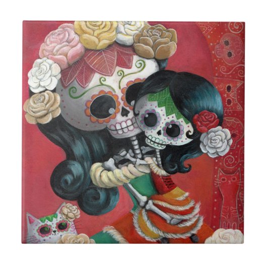 Dia de Los Muertos Skeletons Mutter und Tochter Fliese (Vorderseite)
