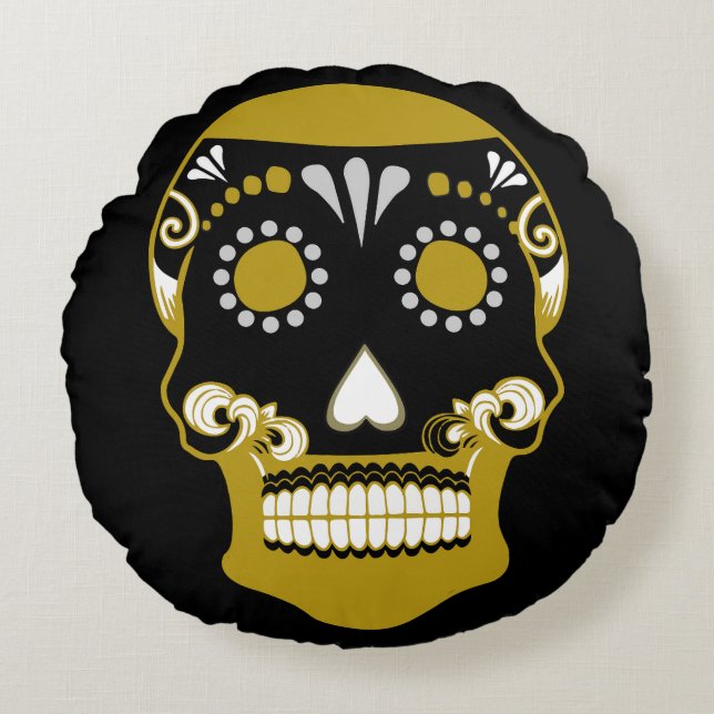 Día De Los Muertos Skull Print Rundes Kissen (Vorderseite)