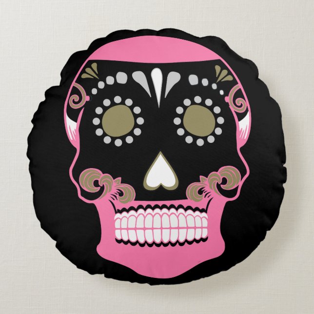 Día De Los Muertos Skull Print Rundes Kissen (Vorderseite)