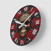 Dia de los Muertos Skull und Rote Rosen Runde Wanduhr (Winkel)