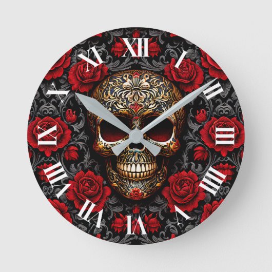Dia de los Muertos Skull und Rote Rosen Runde Wanduhr (Vorderseite)