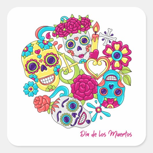 Dia de Los Muertos Skulls Quadratischer Aufkleber (Vorderseite)