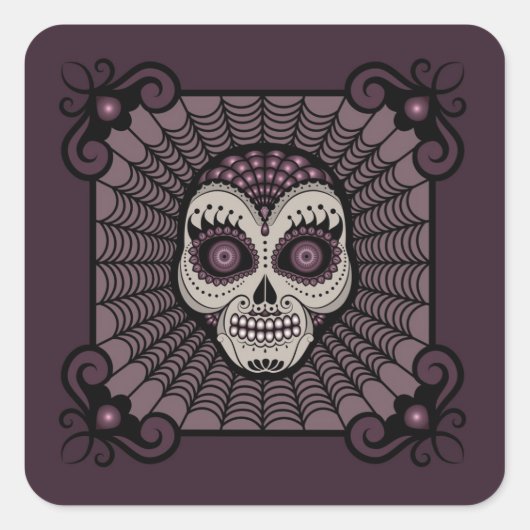 Dia de los Muertos spiderweb skull Quadratischer Aufkleber (Vorderseite)