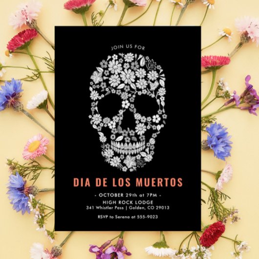 Dia de los Muertos Sugar Skull Black Floral Einladung