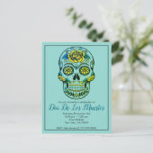 Dia de Los Muertos Sugar Skull mit Blume Blue Einladungspostkarte (Stehend Vorderseite)