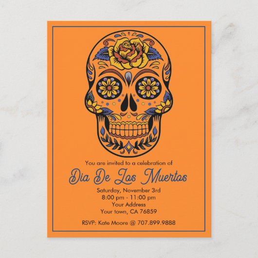 Dia De Los Muertos Sugar Skull Party Einladungspostkarte (Vorderseite)