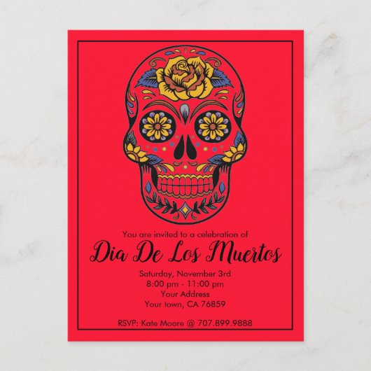 Dia De Los Muertos Sugar Skull Red Party Einladungspostkarte (Vorderseite)
