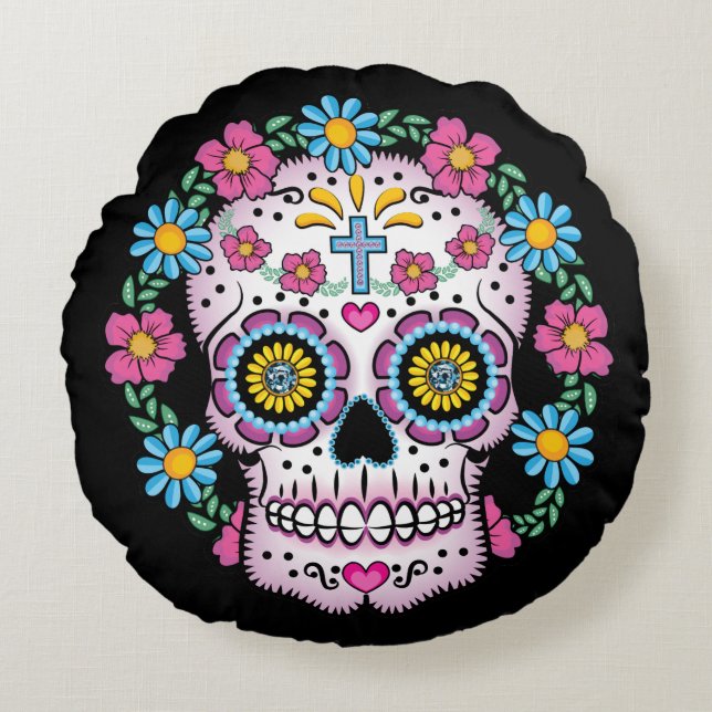 Dia de los Muertos Sugar Skull Rundes Kissen (Vorderseite)