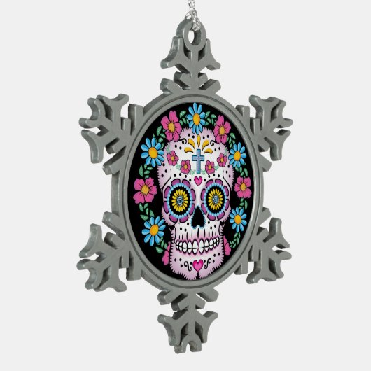 Dia de los Muertos Sugar Skull Schneeflocken Zinn-Ornament (Links)