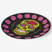 Dia de los Muertos Yellow Sugar Skull & Pink Daisy Pappteller (Schrägansicht)