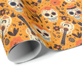 Dia de Muertos, Gitarren und Zuckerschädel orange Geschenkpapier (Rolleneckpunkt)