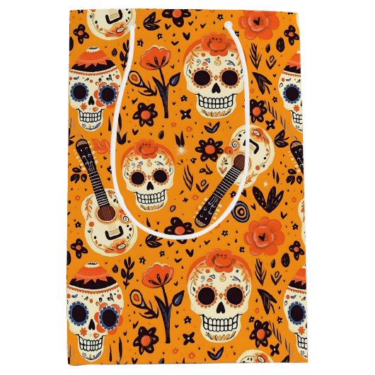 Dia de Muertos, Gitarren und Zuckerschädel orange Mittlere Geschenktüte (Vorderseite)