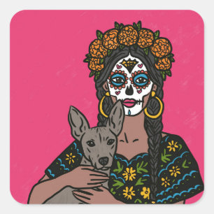Dia de Muertos Ringelblume und Xolo-Hund-Aufkleber Quadratischer Aufkleber