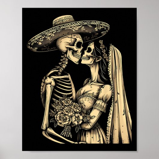 Dia De Muertos Sugar Skull Couple Skeleton Bride W Poster (Vorne)