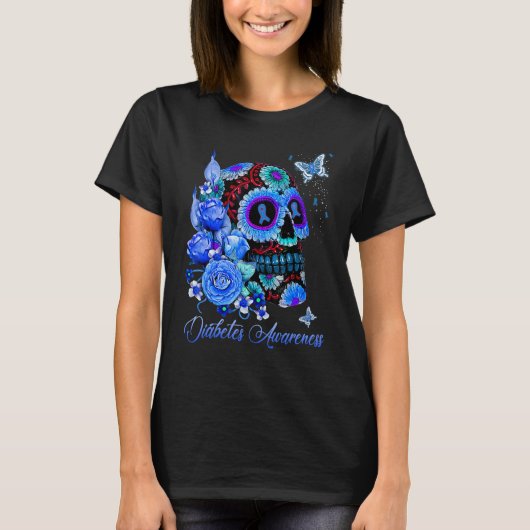 Diabetes Awareness Skull Blue Ribbon Rose Butterfl T-Shirt (Vorderseite)
