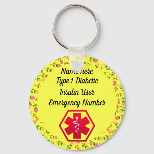Diabetische Warnhinweise Personalisiert Typ 1 oder Schlüsselanhänger (Vorderseite)