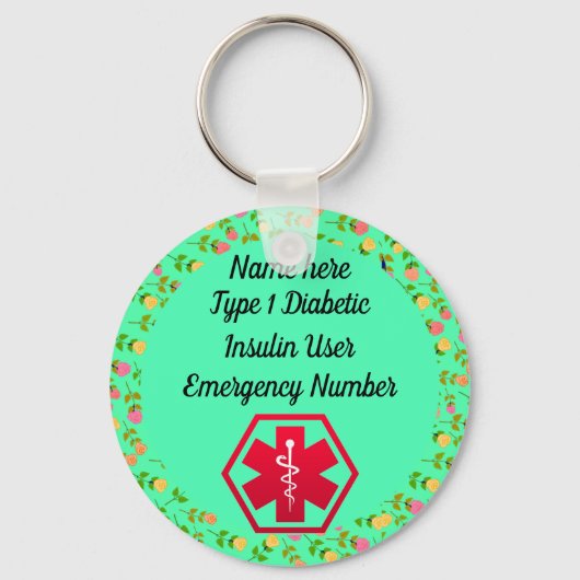 Diabetische Warnhinweise Personalisiert Typ 1 oder Schlüsselanhänger (Vorderseite)