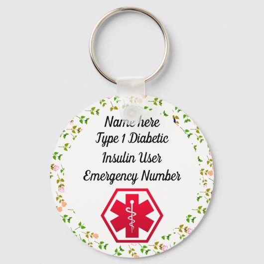 Diabetische Warnhinweise Personalisiert Typ 1 oder Schlüsselanhänger (Vorderseite)