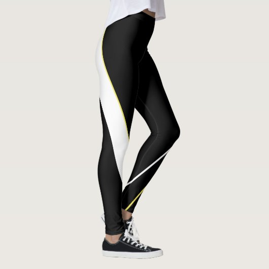 Diagonal Gelbe Streifen Muster Schwarz-Weiß Leggings (Rechts)