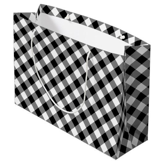 Diagonal-Gingham-Karo in Schwarz und Weiß Große Geschenktüte (Rückseite Schrägansicht)