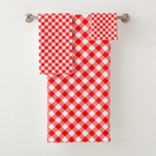 Diagonal Gingham Karo, rot und weiß Badhandtuch Set