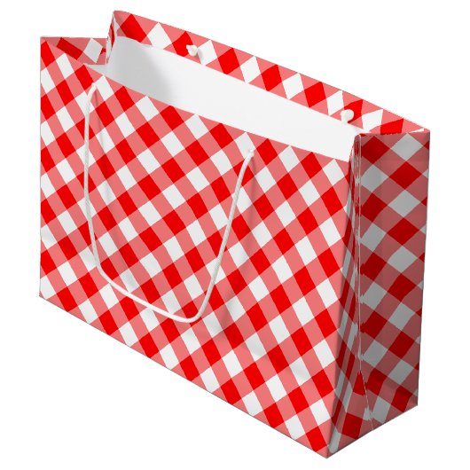 Diagonal-Gingham-Karo, rot und weiß, groß Große Geschenktüte (Vorderseite Schrägansicht)