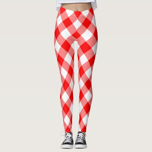 Diagonal-Gingham-Karo, rot und weiß, groß Leggings (Vorderseite)