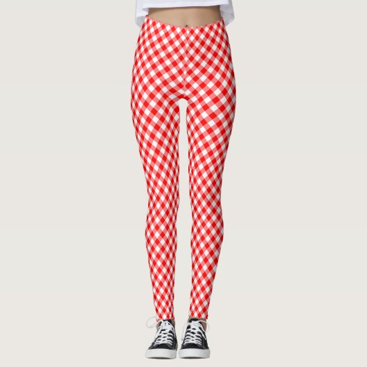 Diagonal-Gingham-Karo, rot und weiß, klein Leggings (Vorderseite)