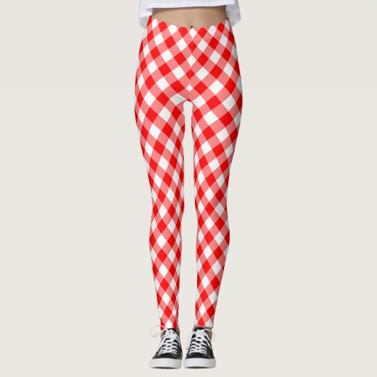 Diagonal Gingham Karo, rot und weiß Leggings (Vorderseite)