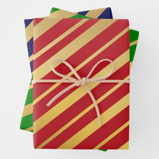 Diagonal Gold Streifen Red Blue Green Muster Geschenkpapier Set (Beispiel)