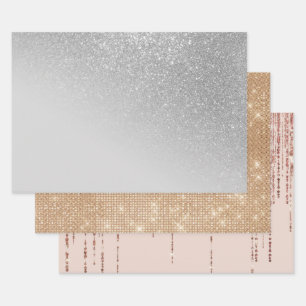 Diagonal Gray Silver Glitzer Gradient Ombre Geschenkpapier Set