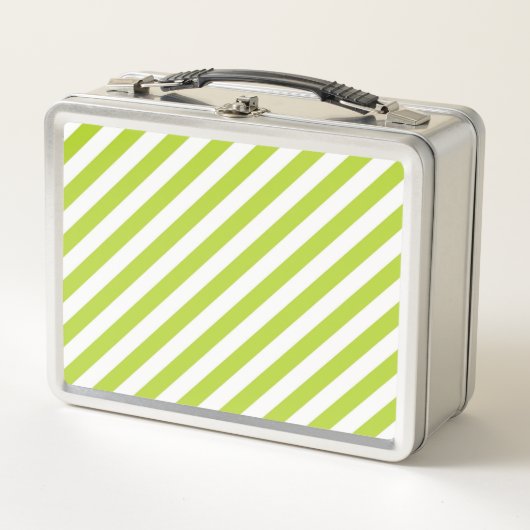 Diagonal lime green and white stripes pattern metall brotdose (Vorderseite)