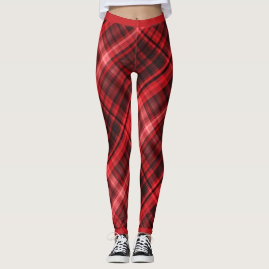 Diagonal Madras Muster rot und schwarz Leggings (Vorderseite)