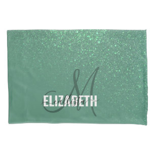 Diagonal Mermaid Green Glitzer Gradient Monogram Kissenbezug