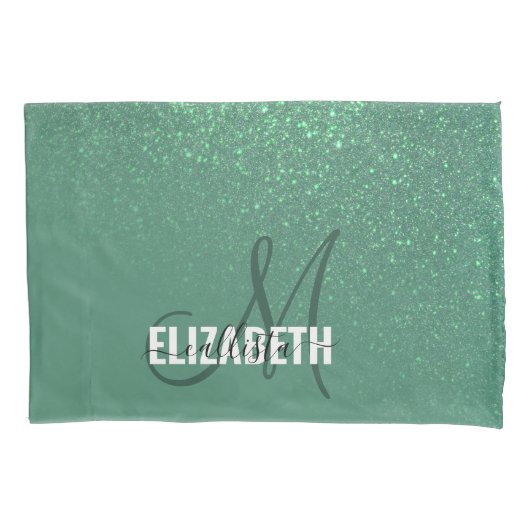Diagonal Mermaid Green Glitzer Gradient Monogram Kissenbezug (Vorderseite)