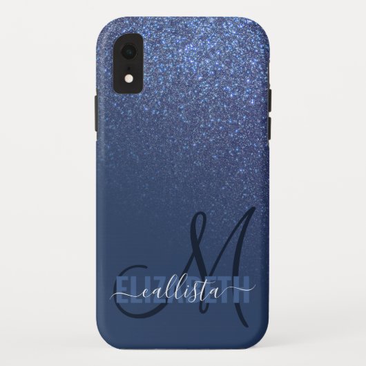 Diagonal Navy Blue Glitzer Gradient Ombre Monogram Case-Mate iPhone Hülle (Rückseite)