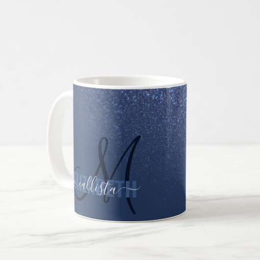 Diagonal Navy Blue Glitzer Gradient Ombre Monogram Kaffeetasse (Vorderseite Links)