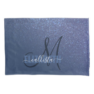 Diagonal Navy Blue Glitzer Gradient Ombre Monogram Kissenbezug