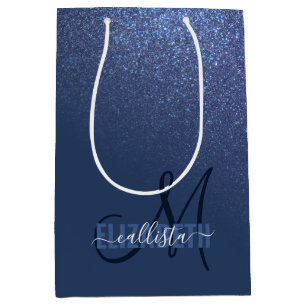 Diagonal Navy Blue Glitzer Gradient Ombre Monogram Mittlere Geschenktüte