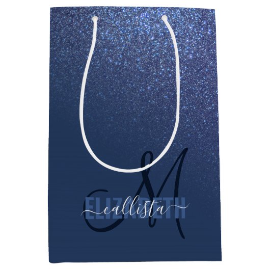 Diagonal Navy Blue Glitzer Gradient Ombre Monogram Mittlere Geschenktüte (Vorderseite)