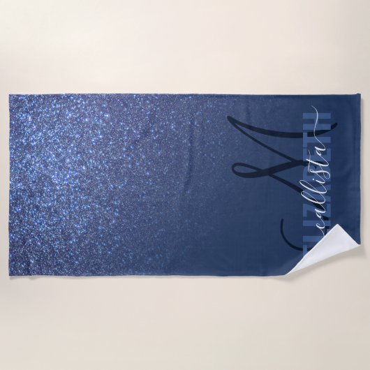 Diagonal Navy Blue Glitzer Gradient Ombre Monogram Strandtuch (Vorderseite)