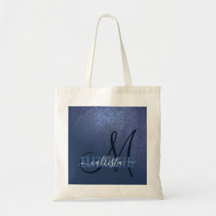 Diagonal Navy Blue Glitzer Gradient Ombre Monogram Tragetasche