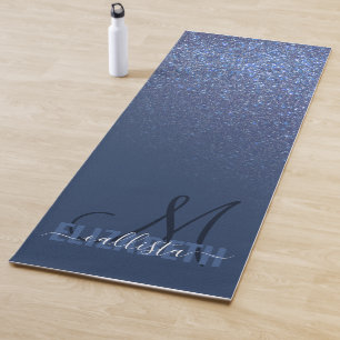 Diagonal Navy Blue Glitzer Gradient Ombre Monogram Yogamatte